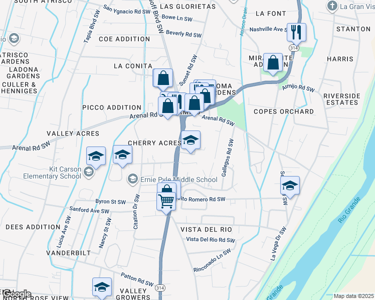 map of restaurants, bars, coffee shops, grocery stores, and more near 1712 Isleta Boulevard Southwest in Albuquerque