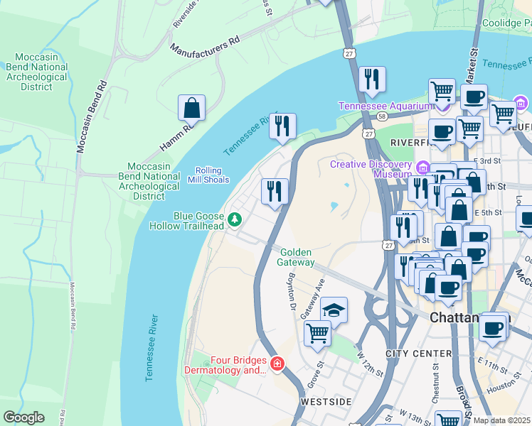 map of restaurants, bars, coffee shops, grocery stores, and more near 1033 Riverfront Parkway in Chattanooga