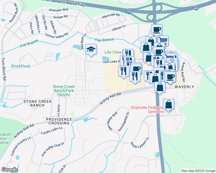 map of restaurants, bars, coffee shops, grocery stores, and more near 10500 Midway Park Dr in Charlotte