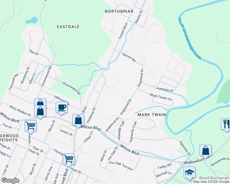 map of restaurants, bars, coffee shops, grocery stores, and more near 1807 Dogwood Drive in Chattanooga