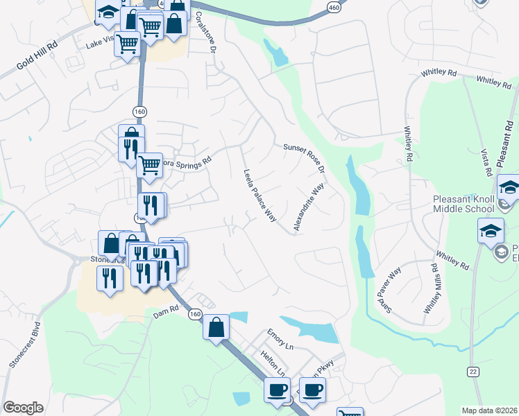 map of restaurants, bars, coffee shops, grocery stores, and more near 3764 Leela Palace Way in Fort Mill