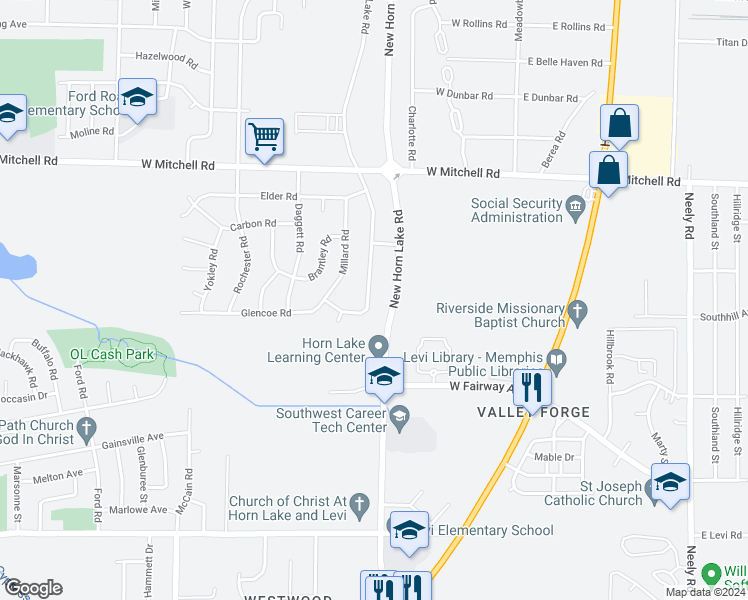 map of restaurants, bars, coffee shops, grocery stores, and more near 3578 West Horn Lake Road in Memphis