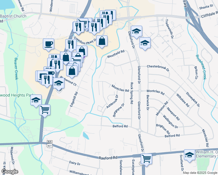 map of restaurants, bars, coffee shops, grocery stores, and more near 601 Brittany Place in Fayetteville