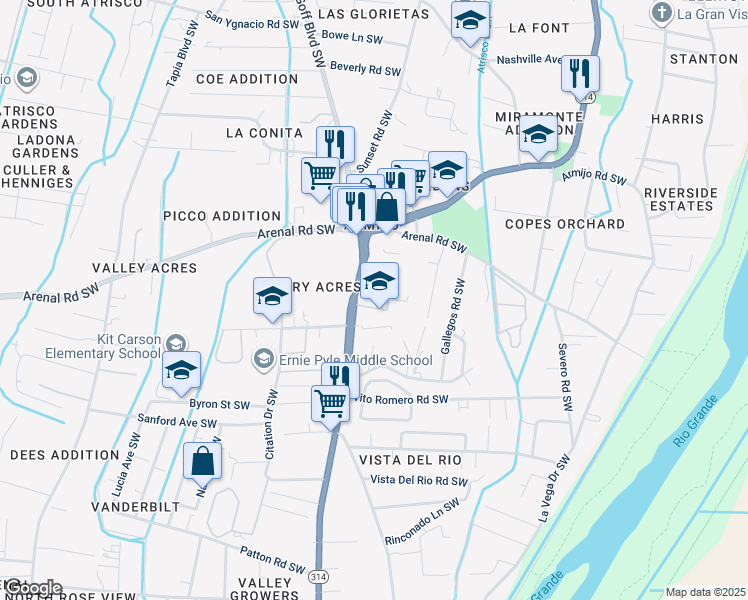map of restaurants, bars, coffee shops, grocery stores, and more near 1712 Isleta Boulevard Southwest in Albuquerque