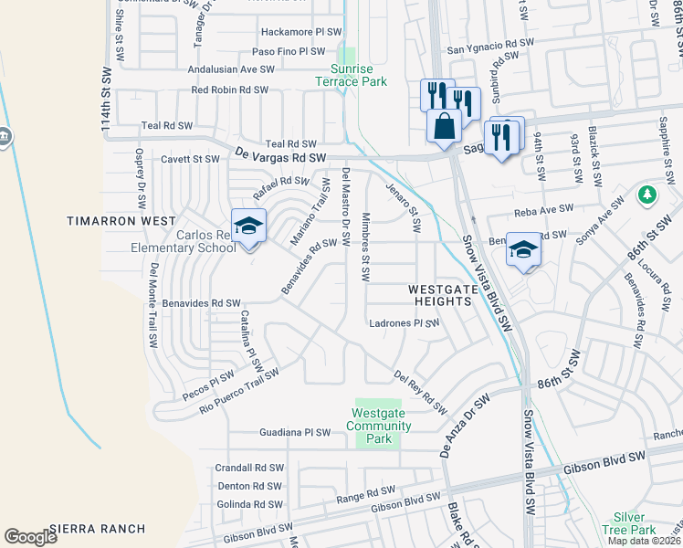 map of restaurants, bars, coffee shops, grocery stores, and more near 10200 Escobar Court Southwest in Albuquerque