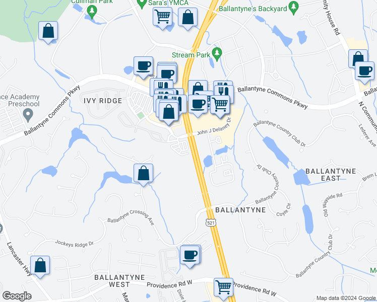 map of restaurants, bars, coffee shops, grocery stores, and more near 10323 Winslet Drive in Charlotte