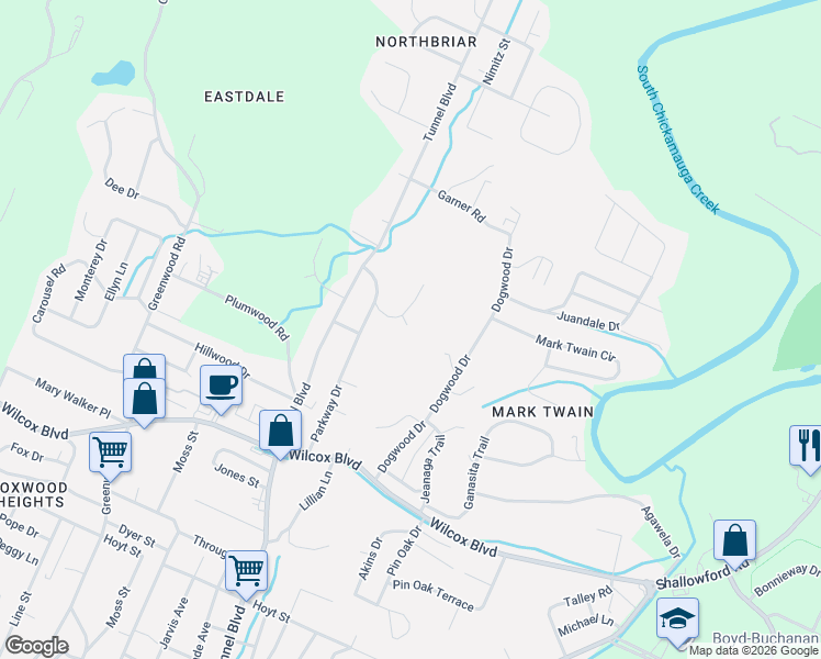 map of restaurants, bars, coffee shops, grocery stores, and more near 1807 Dogwood Drive in Chattanooga
