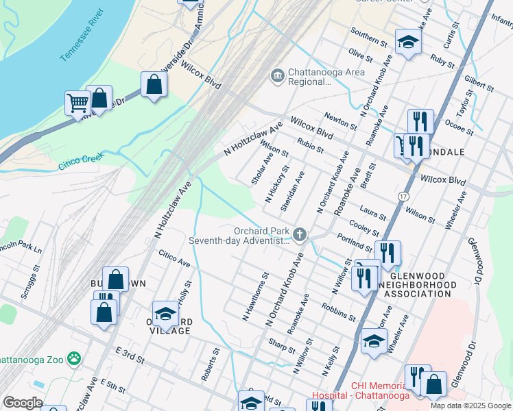 map of restaurants, bars, coffee shops, grocery stores, and more near 1710 Portland Street in Chattanooga