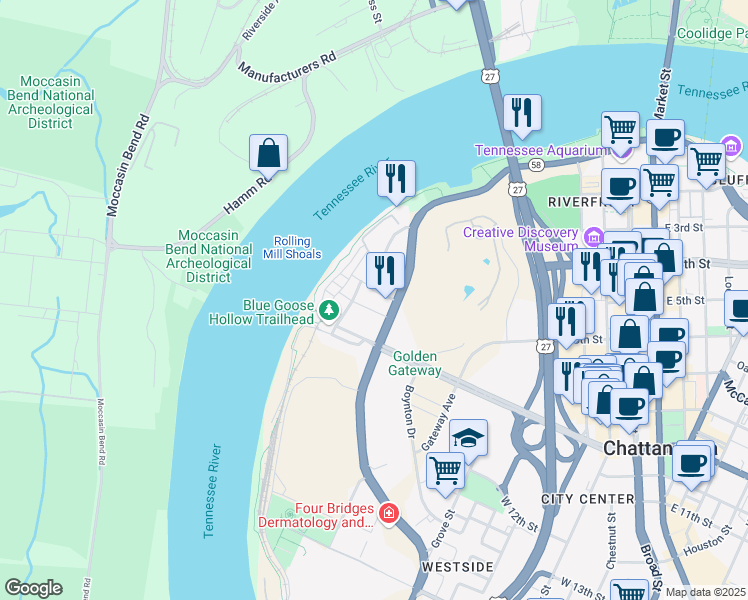 map of restaurants, bars, coffee shops, grocery stores, and more near 1033 Riverfront Parkway in Chattanooga