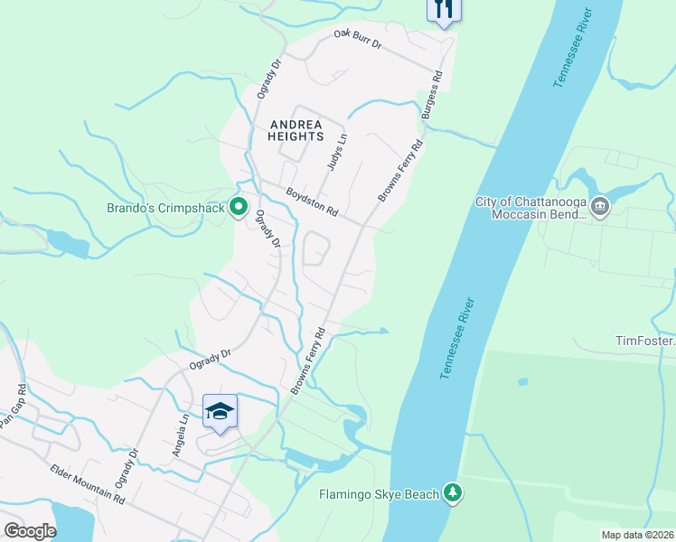 map of restaurants, bars, coffee shops, grocery stores, and more near 1105 Browns Ferry Road in Chattanooga