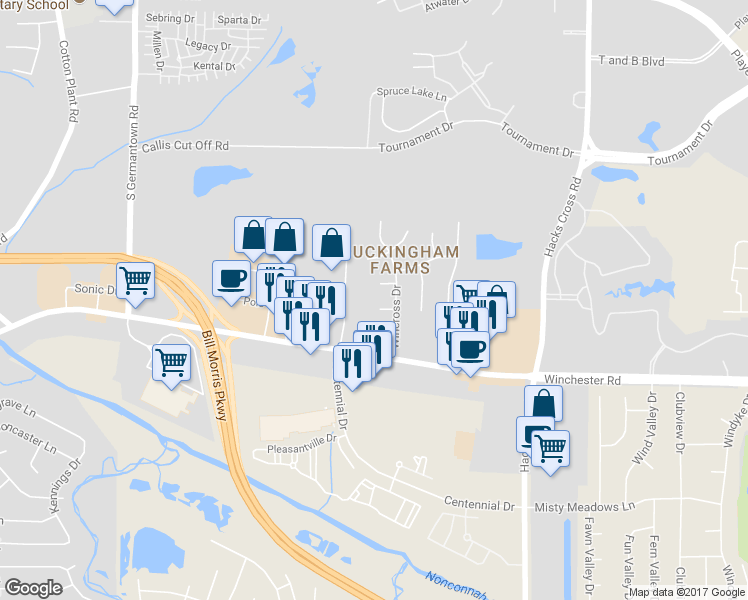 map of restaurants, bars, coffee shops, grocery stores, and more near 7833 Winward Lane in Memphis