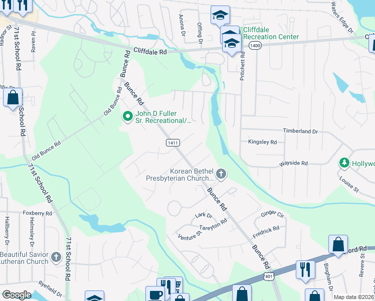 map of restaurants, bars, coffee shops, grocery stores, and more near in Fayetteville