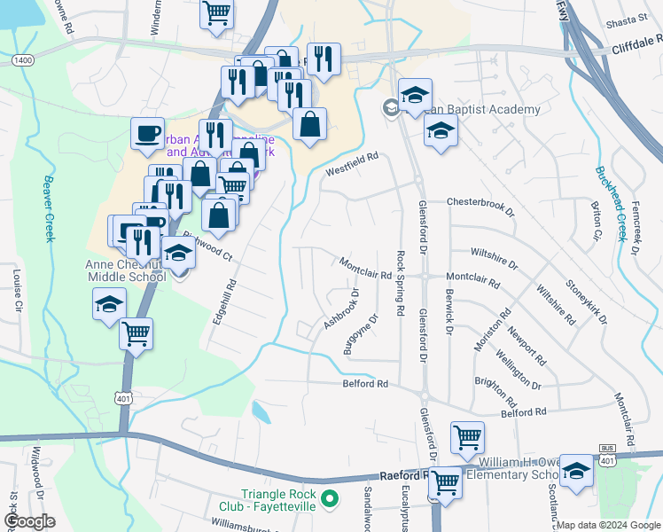 map of restaurants, bars, coffee shops, grocery stores, and more near 605 Brittany Place in Fayetteville