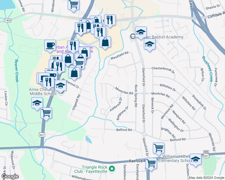 map of restaurants, bars, coffee shops, grocery stores, and more near 604 Brittany Place in Fayetteville