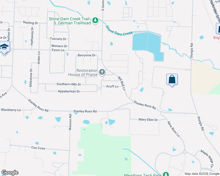 map of restaurants, bars, coffee shops, grocery stores, and more near 1335 Acuff Lane in Conway