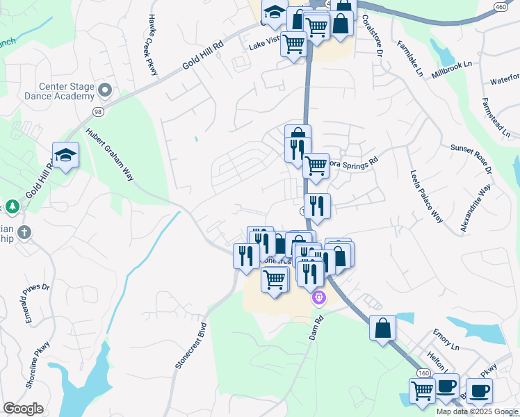 map of restaurants, bars, coffee shops, grocery stores, and more near 627 Amber Meadows Way in Fort Mill