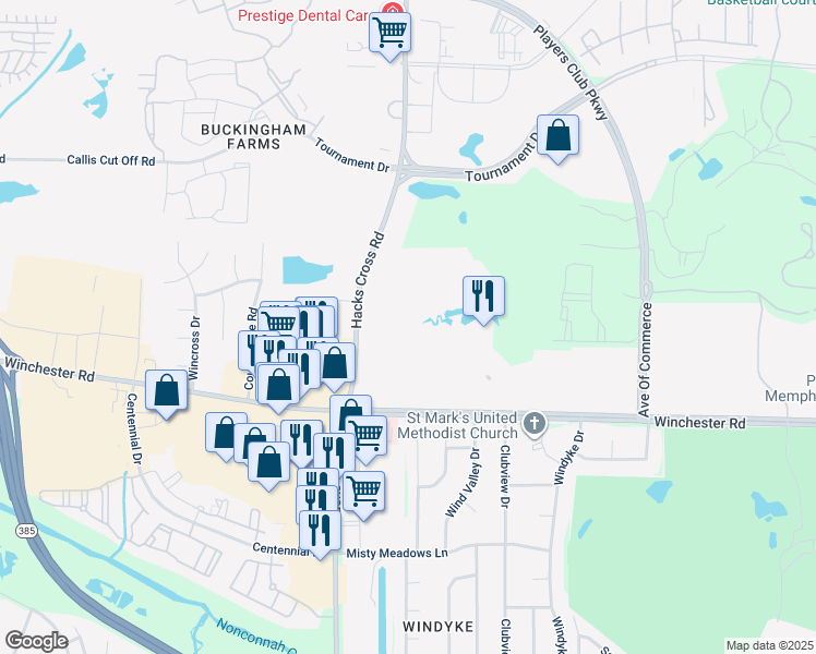 map of restaurants, bars, coffee shops, grocery stores, and more near 3610 Hacks Cross Road in Memphis