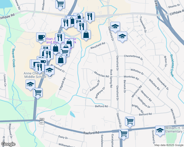 map of restaurants, bars, coffee shops, grocery stores, and more near 610 Brittany Place in Fayetteville