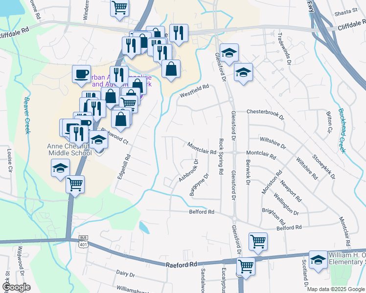 map of restaurants, bars, coffee shops, grocery stores, and more near 611 Brittany Place in Fayetteville