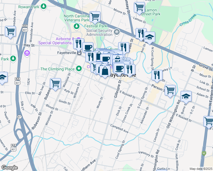 map of restaurants, bars, coffee shops, grocery stores, and more near 201 Worth Street in Fayetteville