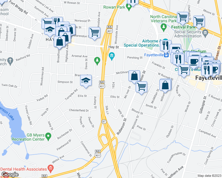 map of restaurants, bars, coffee shops, grocery stores, and more near 461 Cityview Lane in Fayetteville