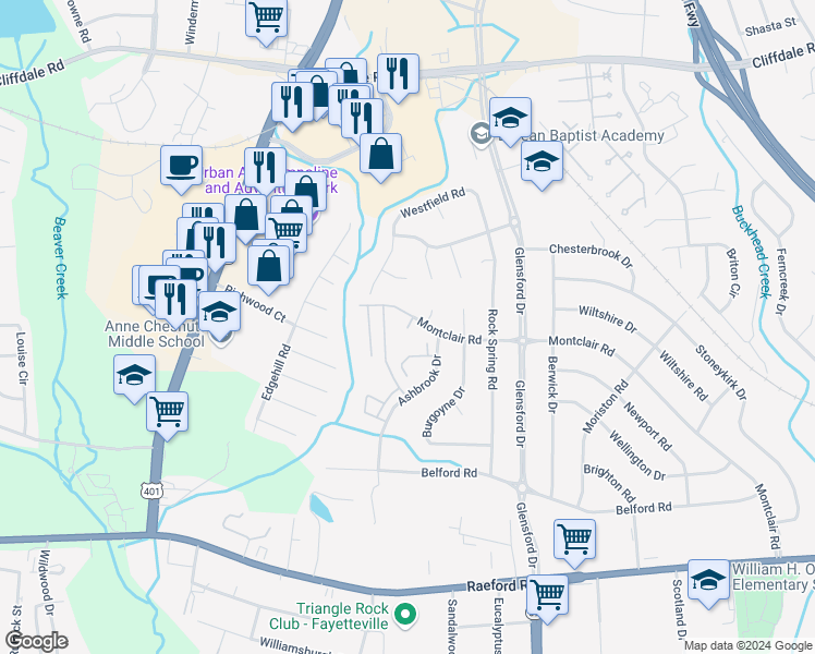 map of restaurants, bars, coffee shops, grocery stores, and more near 612 Brittany Place in Fayetteville