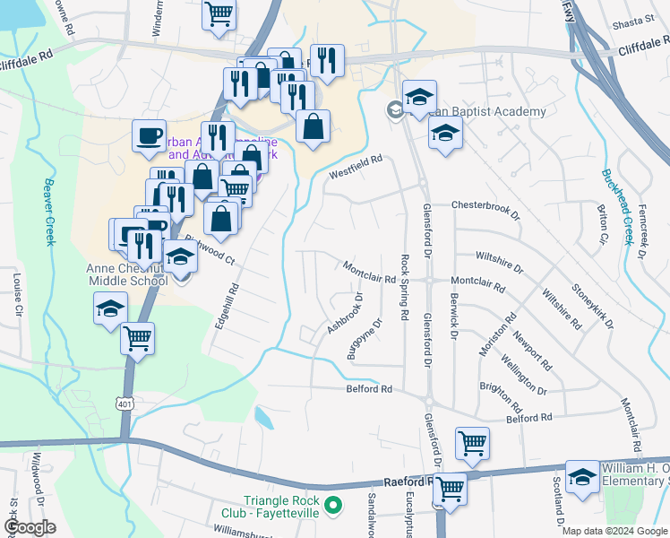 map of restaurants, bars, coffee shops, grocery stores, and more near 613 Brittany Place in Fayetteville