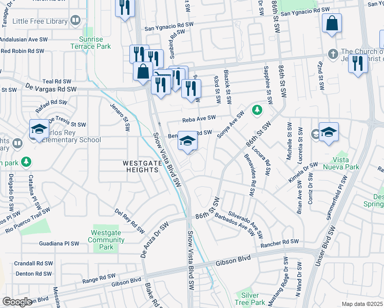 map of restaurants, bars, coffee shops, grocery stores, and more near 9400 Benavides Road Southwest in Albuquerque