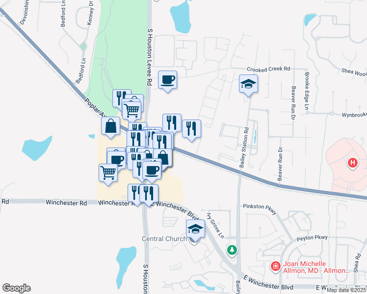 map of restaurants, bars, coffee shops, grocery stores, and more near 2010 West Poplar Avenue in Collierville