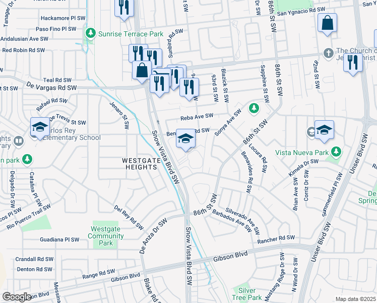 map of restaurants, bars, coffee shops, grocery stores, and more near 9400 Benavides Avenue Southwest in Albuquerque