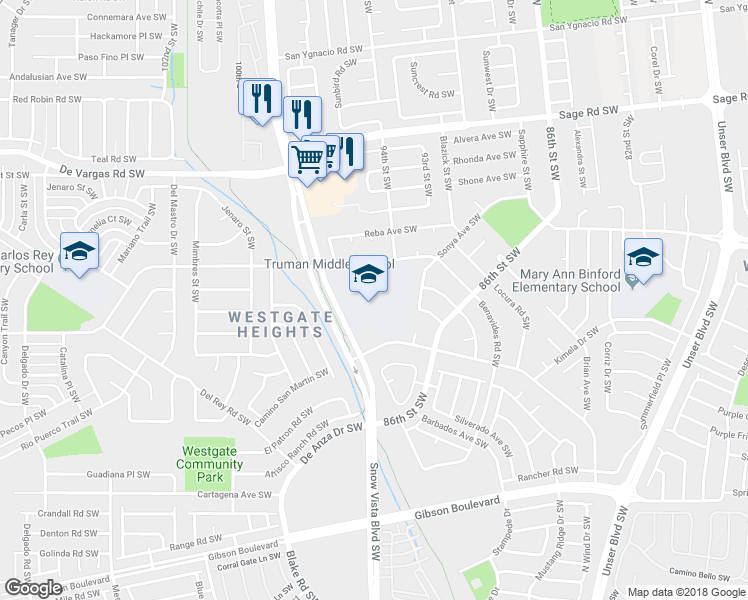 map of restaurants, bars, coffee shops, grocery stores, and more near 9400 Benavides Avenue Southwest in Albuquerque