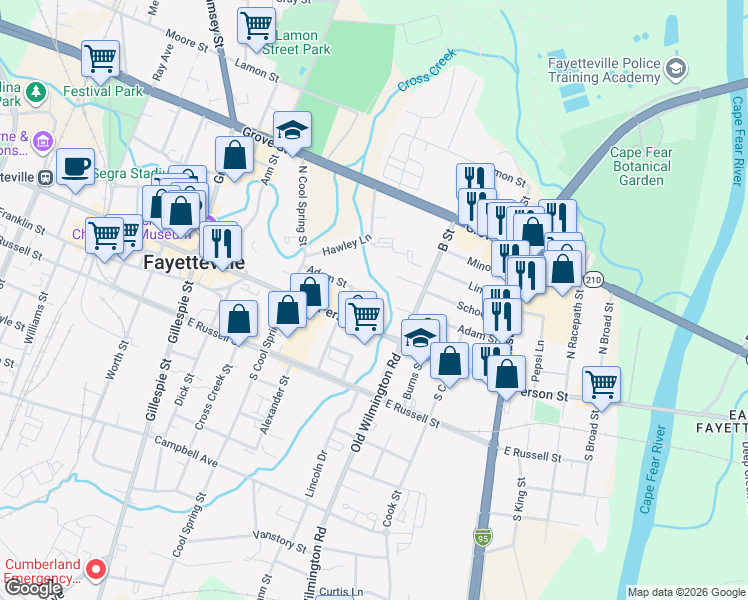 map of restaurants, bars, coffee shops, grocery stores, and more near 433 Person St in Fayetteville