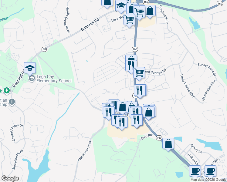 map of restaurants, bars, coffee shops, grocery stores, and more near 627 Amber Meadows Way in Fort Mill