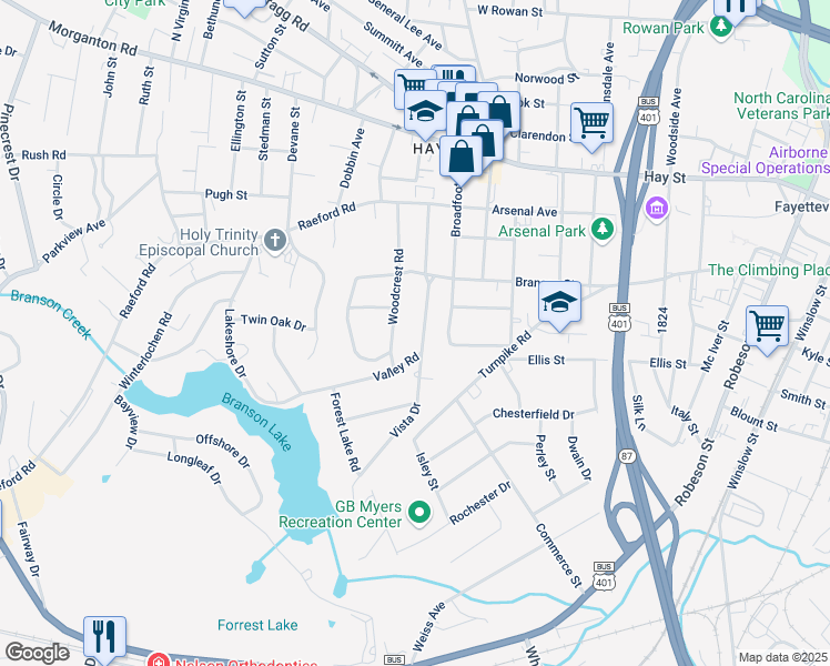 map of restaurants, bars, coffee shops, grocery stores, and more near 319 Valley Road in Fayetteville