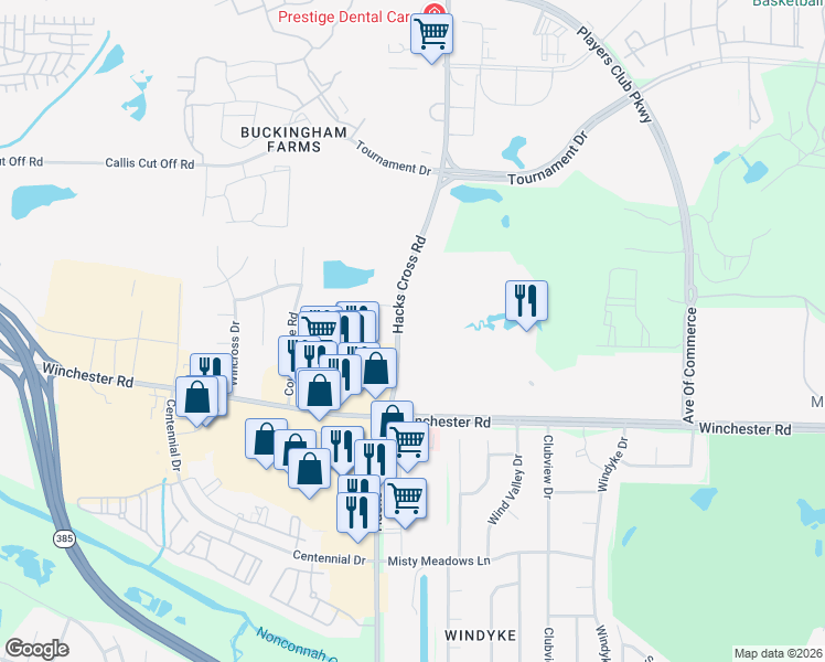 map of restaurants, bars, coffee shops, grocery stores, and more near 3640 Hacks Cross Road in Memphis