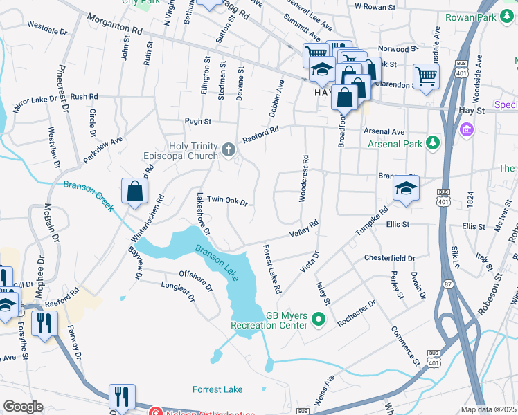 map of restaurants, bars, coffee shops, grocery stores, and more near 409 Devane Street in Fayetteville