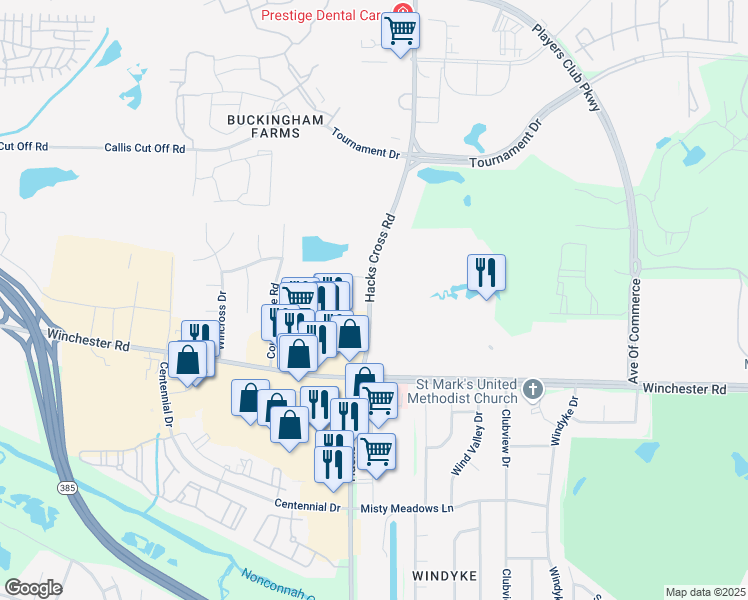 map of restaurants, bars, coffee shops, grocery stores, and more near 3670 Hacks Cross Road in Memphis