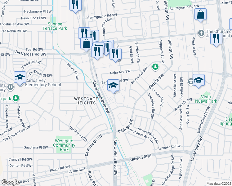 map of restaurants, bars, coffee shops, grocery stores, and more near 9400 Benavides Road Southwest in Albuquerque