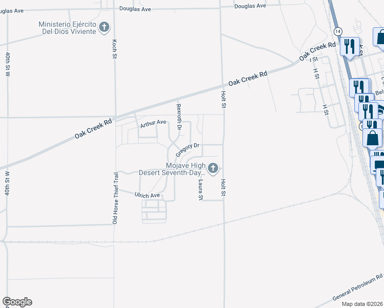 map of restaurants, bars, coffee shops, grocery stores, and more near 3137 Milton Drive in Mojave