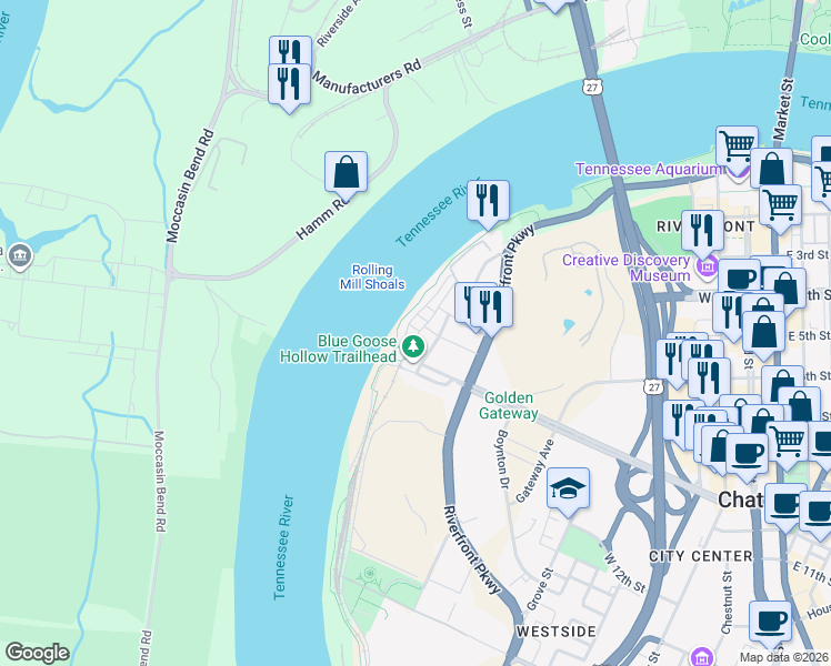 map of restaurants, bars, coffee shops, grocery stores, and more near 638 Canal Street in Chattanooga
