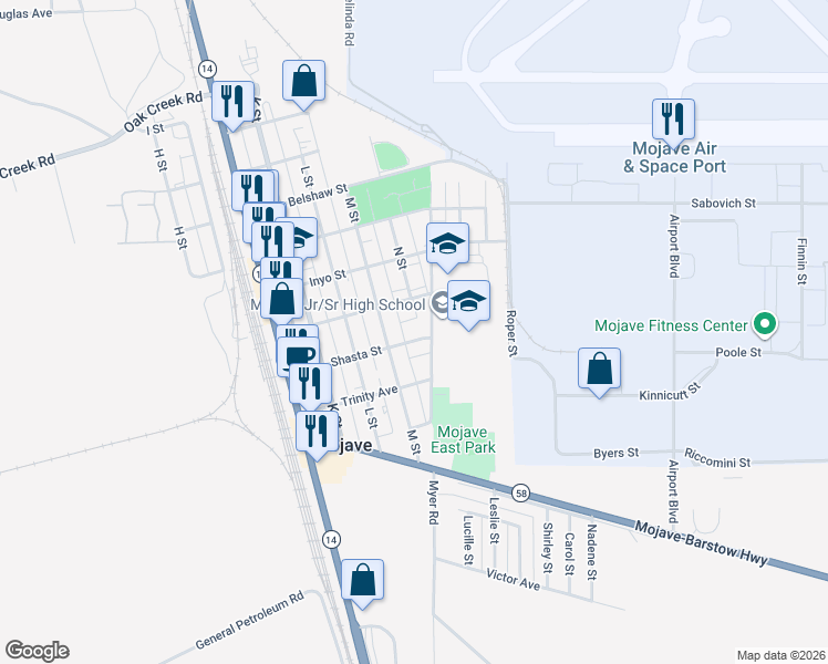 map of restaurants, bars, coffee shops, grocery stores, and more near 2027 Shasta Street in Mojave