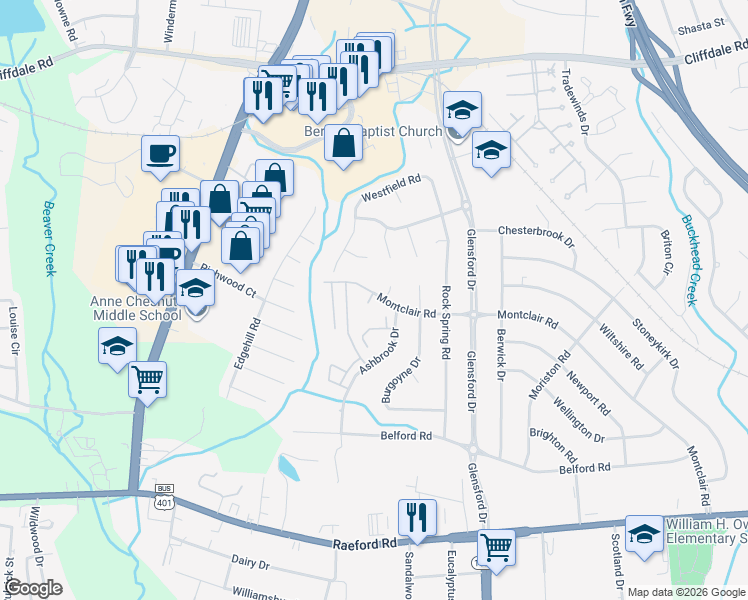 map of restaurants, bars, coffee shops, grocery stores, and more near 604 Ashbrook Court in Fayetteville