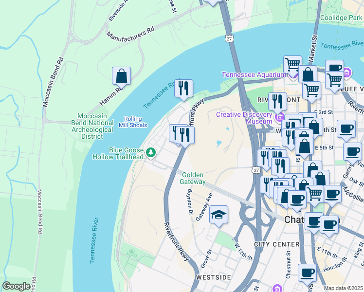 map of restaurants, bars, coffee shops, grocery stores, and more near 751 Riverfront Parkway in Chattanooga