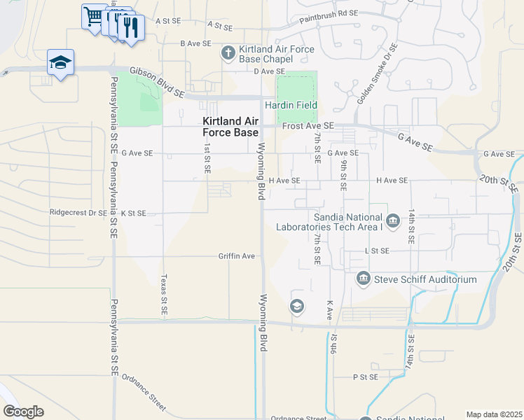 map of restaurants, bars, coffee shops, grocery stores, and more near Wyoming Boulevard Southeast in Albuquerque