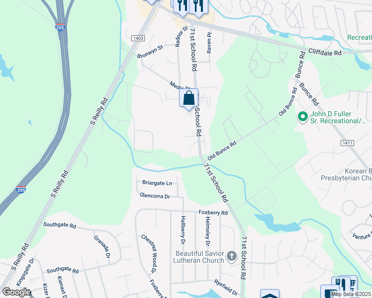 map of restaurants, bars, coffee shops, grocery stores, and more near 1164 71st School Road in Fayetteville