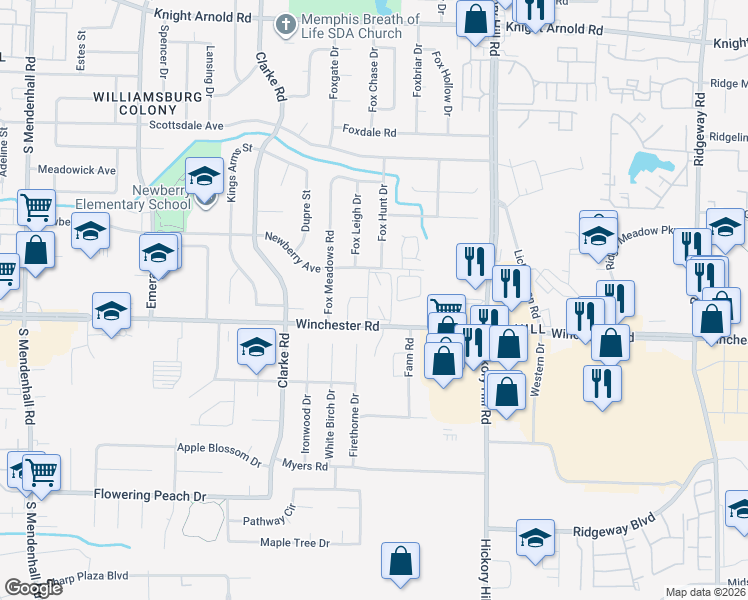 map of restaurants, bars, coffee shops, grocery stores, and more near 3570 Royal Arms Drive in Memphis