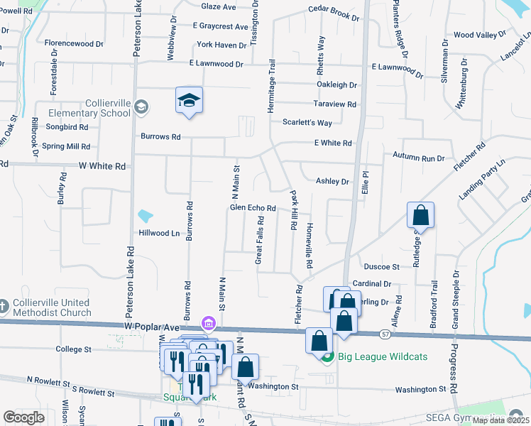 map of restaurants, bars, coffee shops, grocery stores, and more near 408 Great Falls Road in Collierville