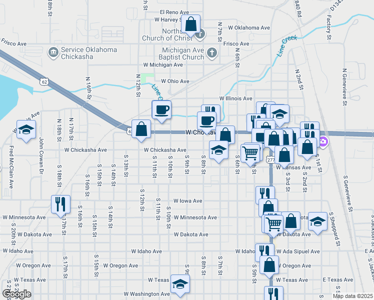 map of restaurants, bars, coffee shops, grocery stores, and more near West Chickasha Avenue in Chickasha