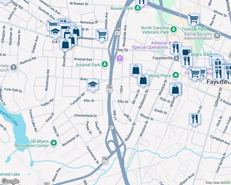 map of restaurants, bars, coffee shops, grocery stores, and more near 460 Cityview Lane in Fayetteville