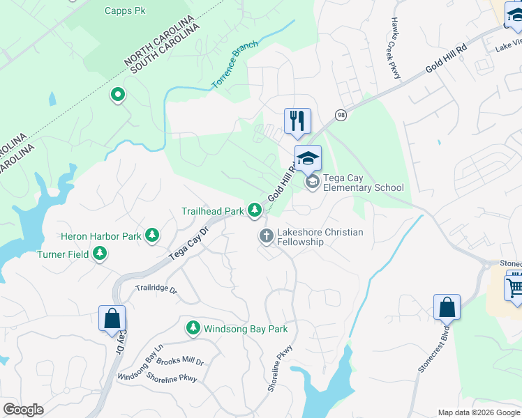 map of restaurants, bars, coffee shops, grocery stores, and more near 119 Shoreline Parkway in Tega Cay